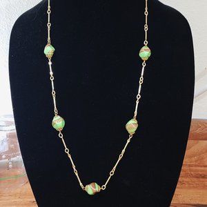 Gold chain necklace with lime green and gold glass beads
